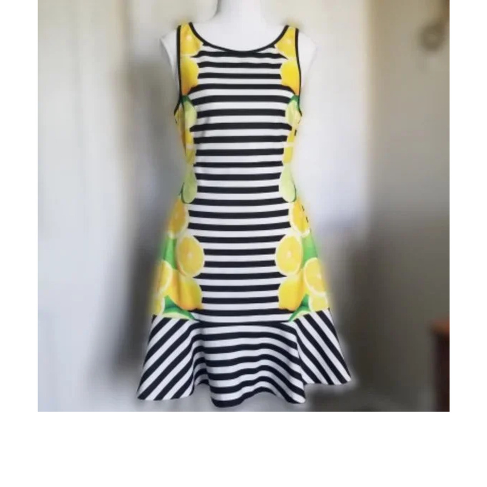 Elle Lemon Print Striped Dress - Size 2